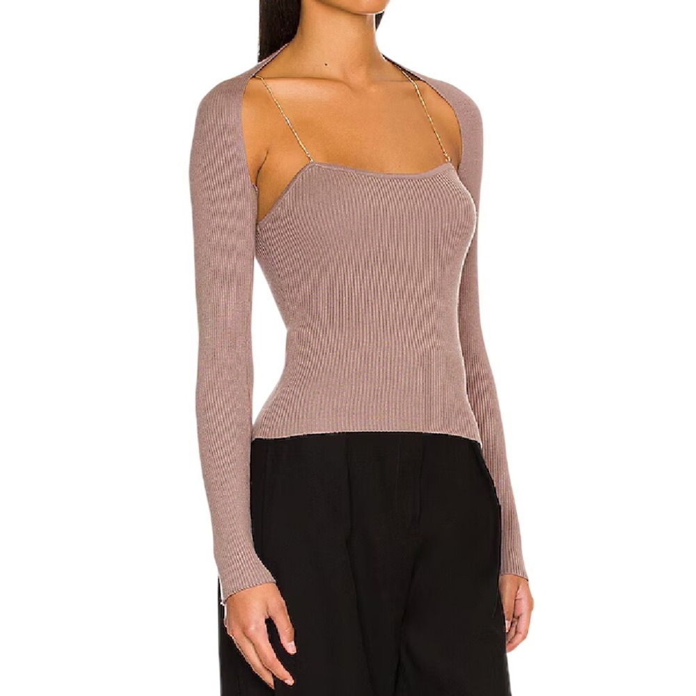 HEARTLOOM Taupe RIBBED KNIT 2-Piece SHRUG/TANK TOP Chain Straps SWEATER SET Sz S